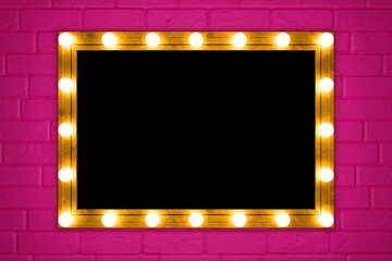 Mirror with golden frame and light bulbs on pink brick wall. 3d rendering.