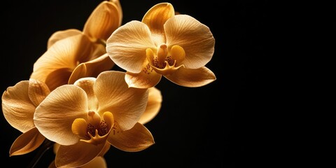 Obraz na płótnie Canvas Golden orchid bouquet prominently displayed on left side against a sleek dark background, elegant composition highlighting floral beauty and luxury.