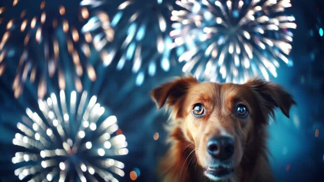 A brown dog with scared eyes against a bokeh background of colorful fireworks