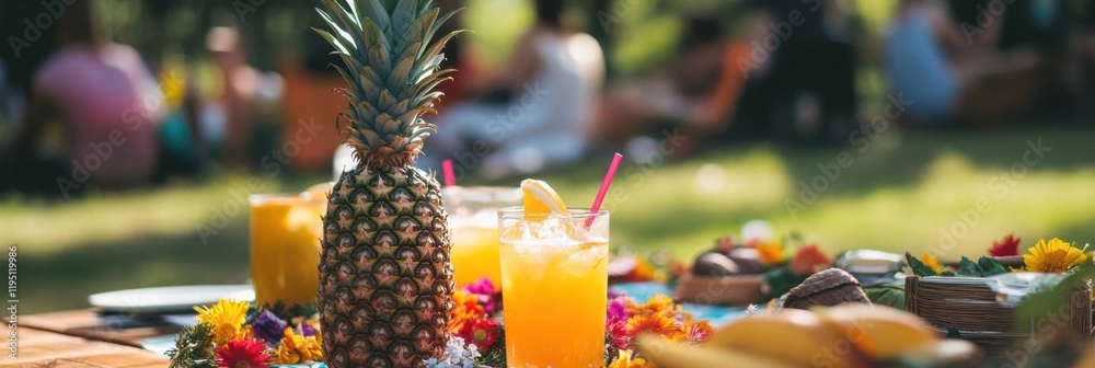 Poster summer picnic with tropical drinks and fresh pineapples in a sunny park setting. generative ai