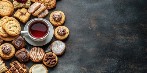 Aerial view of assorted cookies and sweets arranged around a white cup of tea on a dark textured background with ample empty space on the right side
