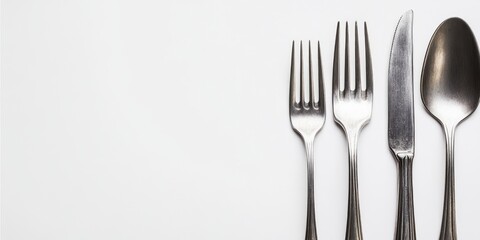Silver cutlery arrangement including fork, knife, spoon on white background with ample empty space on left for text or graphic design