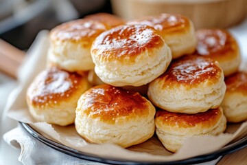 Freshly Baked Golden Biscuits Piled on a Rustic Plate - Perfect for Breakfast, Brunch, or Culinary Photography