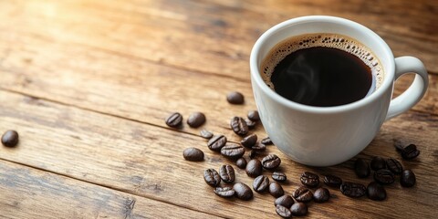 Aromatic black coffee in a white cup surrounded by coffee beans on a textured wooden table illuminated by soft morning light in a cozy setting