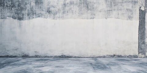 Fototapeta premium Textured concrete wall with a faded white section and ample grey floor space, ideal for product display or advertising text design.