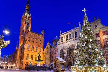 Naklejka premium Long Lane with the Christmas tree at snowy morning, Gdansk. Poland