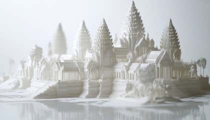 Intricate paper cut craft of angkor wat temples art installation modern gallery serene environment artistic perspective