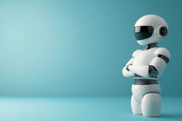 Naklejka premium Futuristic White Robot with Black Visor Reflecting Modern AI Technology and Interaction Capabilities