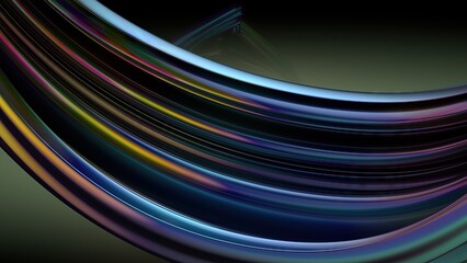 An elegant and modern 3D rendering of an abstract background featuring the beauty of twisted metal plates in a dark space with delicate chrome curves.
