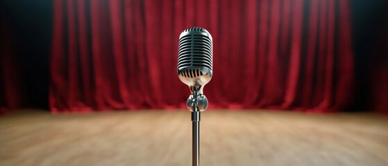 Vintage Microphone on Stage with Red Curtain Background