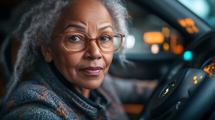 Obraz premium Confident mature woman driving at night.