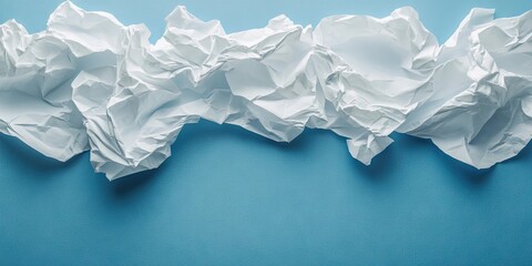 Obraz premium Crumpled white paper texture on a vibrant blue background with uneven ripples creating depth and contrast in horizontal arrangement.