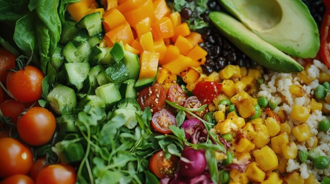 A close-up of a balanced vegan meal, featuring a variety of colorful vegetables and grains, highlighting plant-based nutrition