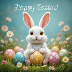 Eggs near rabbit in basket