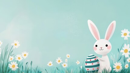 Playful bunny painting stripes and dots on an egg in a daisy-filled field
