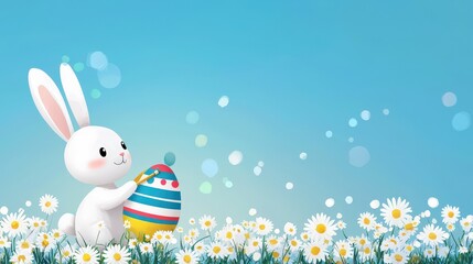 Playful bunny painting stripes and dots on an egg in a daisy-filled field