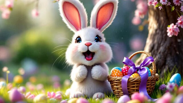 Cartoon fluffy bunny sings  with a basket with Easter eggs. Template for Easter animated invitation, card, children's party, advertising materials, festive social media posts