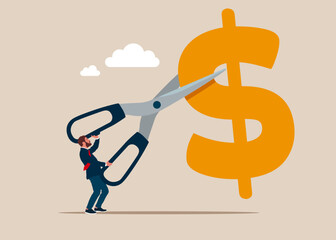 Businessman cutting scissors to cut dollar sign. Cost reduction or cut price. Crisis. Flat vector illustration.