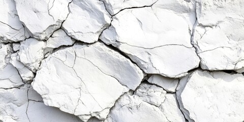 Cracked white rock texture with angular shapes and fine black veins, featuring ample white space for design projects in the background.