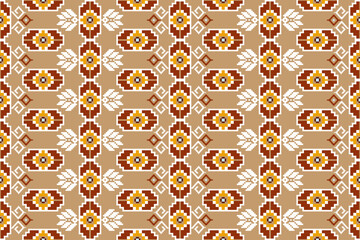 Pixel ethnic  pattern oriental traditional. Design fabric pattern textile African, Aztec African America Indian seamless. Floral pixel art pattern on navy background  vector illustration