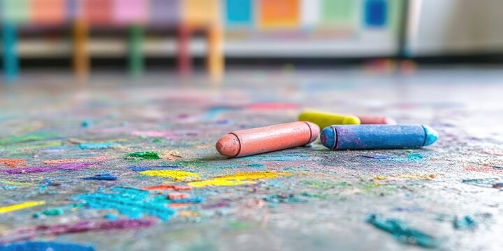 Colorful crayon remnants scattered on a textured floor with splashes of pink, blue, and green from playtime in a bright, cheerful environment.