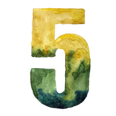 Hand painted watercolor number five in yellow and green colors. Isolated on white background.