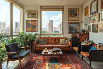 Elegant living room interior design with city view and vintage posters