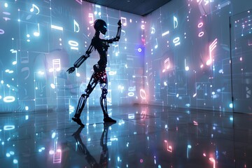 A robotic figure dances amidst vibrant musical projections in a futuristic space.