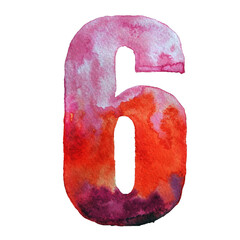 Hand painted watercolor number six in pink and red colors. Isolated on white background.