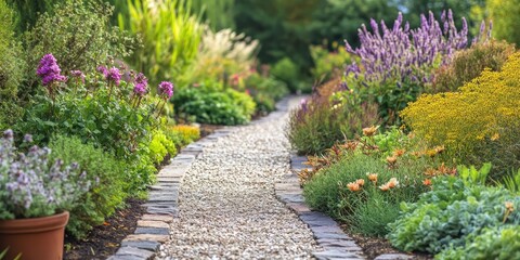 Obraz premium Lush garden pathway lined with vibrant flowers in shades of purple, pink, and yellow, bordered by greenery and textured stone path.