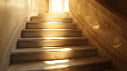 Elegant marble staircase with sunlit steps leading to a bright window