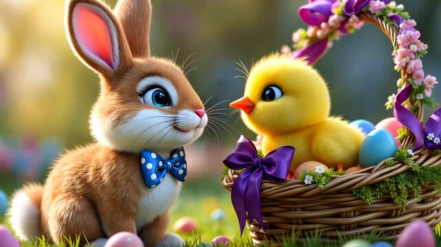 Cartoon fluffy animals bunny, chick baby with a basket with Easter eggs. Template for Easter animated invitation, banner, card, children's party, advertising materials, festive blog posts