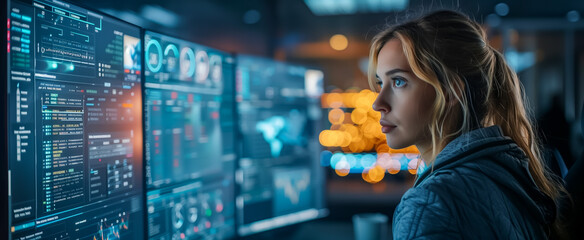 Woman concentrating on data analysis in a modern office setting