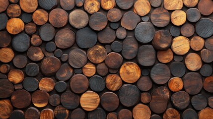 Natural Wooden Logs Background with Stacked Circular Discs for Creative Design and Rustic Aesthetics in a Warm Tonal Palette