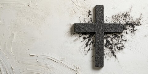 Black cross with ash on a textured white background symbolizing Ash Wednesday faith and tradition positioned on the left with scattered ash to the right.