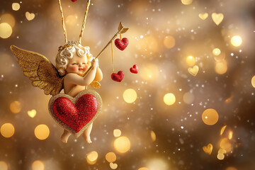 Fototapeta premium Valentine's day celebration cupid shooting hearts and arrows in a golden environment capturing the essence of romantic passion for weddings and anniversaries
