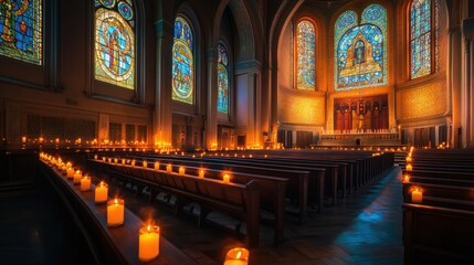 Fototapeta premium Lit candles illuminate rows of pews in a dimly lit church sanctuary with stained-glass windows.