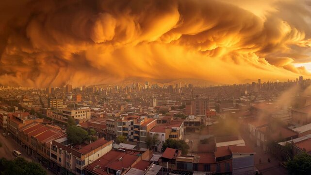 Gigantic dust storm over cityscape at dusk