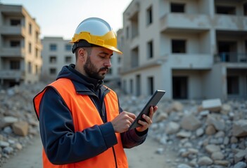 Obraz premium Earthquake disaster response with a rescue worker using a tablet to check data near damaged buildings and debris 