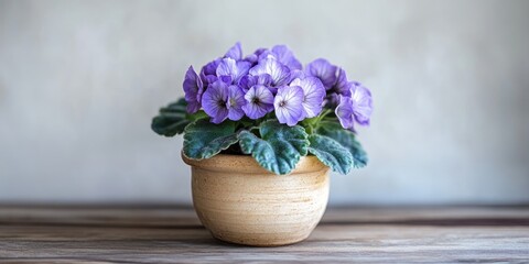 Purple flowering African violets in a terracotta pot with green leaves against a soft gray background on a rustic wooden table.