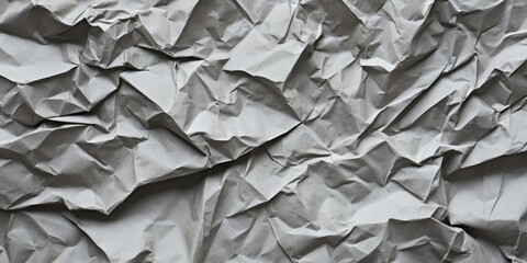 Obraz premium Crumpled grey paper texture background showcasing various shades of gray with deep creases and folds creating an abstract, textured surface.
