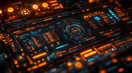 Futuristic digital interface with glowing orange and blue elements.