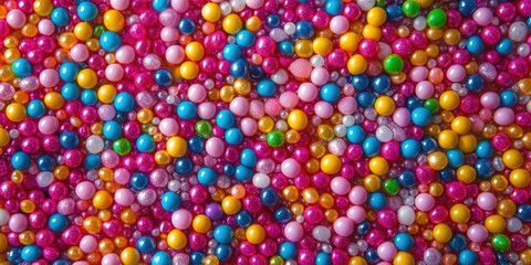 Vibrant background filled with colorful sugar candies in pink, yellow, blue, green, and purple, scattered randomly for a playful aesthetic.