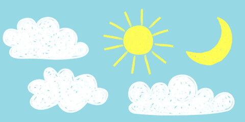Flat cloud. Simple cloudy shapes with sun and moon. Cartoon white puffy fluffy and cumulus clouds in blue sky. Abstract comic weather elements. Objects cloudscape for game.