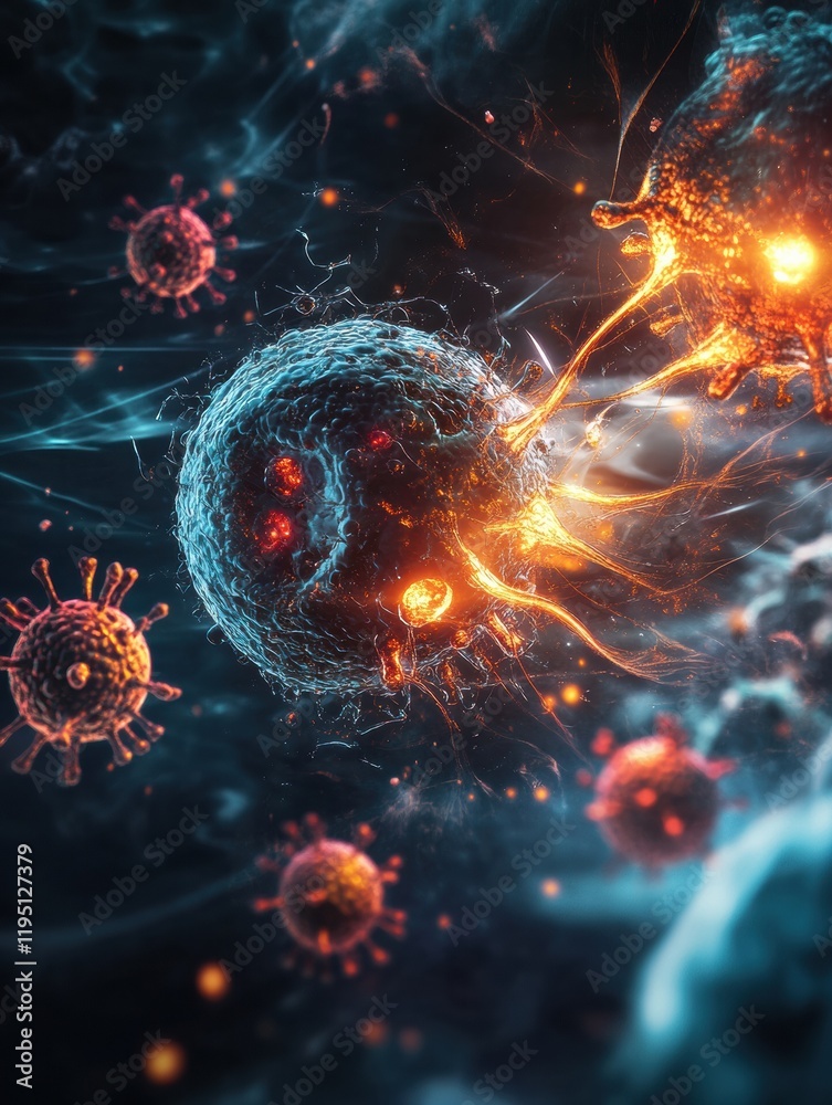 Fototapete magnified view of human cell under attack by virus particles in dynamic interaction. generative ai