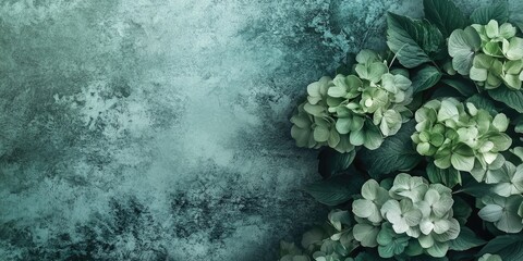 Emerald and green Hydrangea flowers positioned in bottom right corner against textured teal ink background with ample copy space on the left