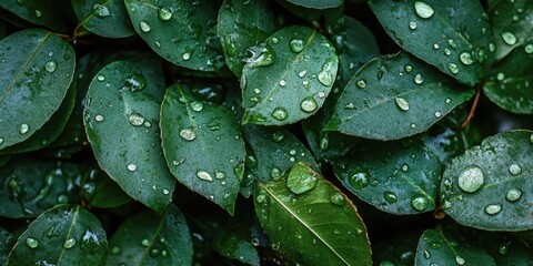 Fototapeta premium Damp green leaves with water droplets scattered across their surface captured from above emphasizing freshness after rainfall