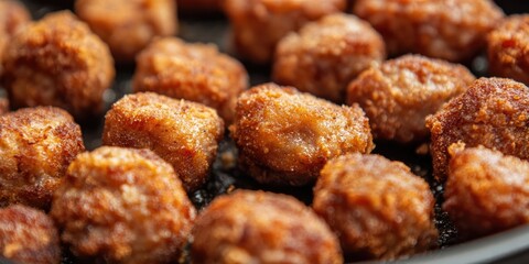 Crispy golden-brown fried sausage pieces arranged close together in a dark frying pan showcasing a deliciously crunchy texture and deep-fried appeal