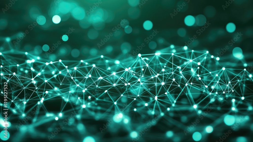 Poster a futuristic green backdrop with an intricate network of glowing hexagons, seamlessly arranged in a 