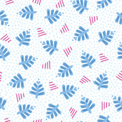 Seamless design on a white background with blue leaves. 